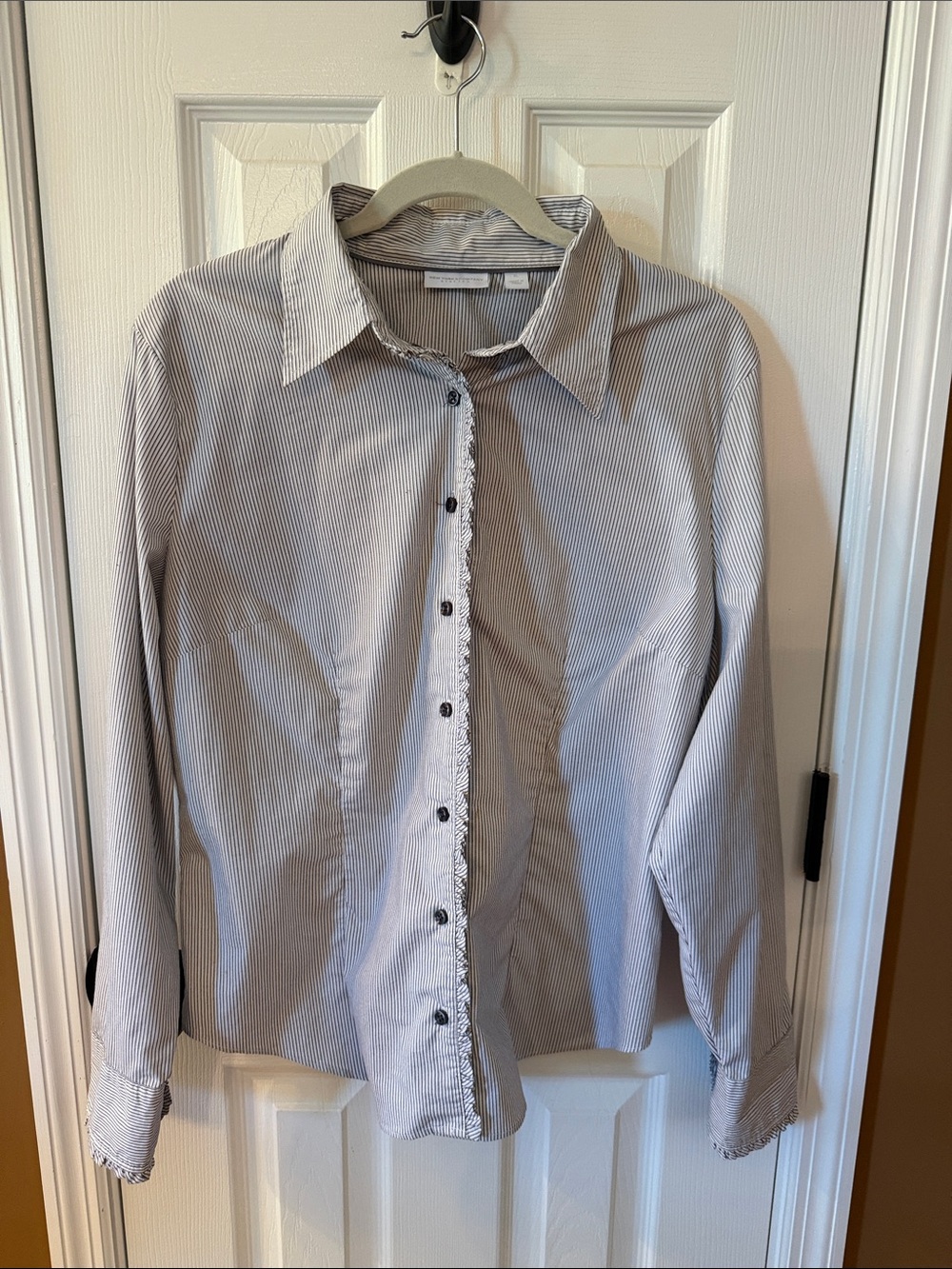 New York & Company Striped Button-Up Shirt in Blue and White